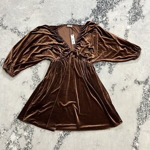 Day + Moon Velvet Mini Dress Womens Size M Brown Ruched Puff Sleeve Boho NWT